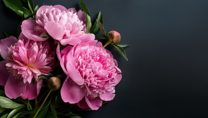 Obraz premium bouquet of peonies in the middle on a dark background with space for text