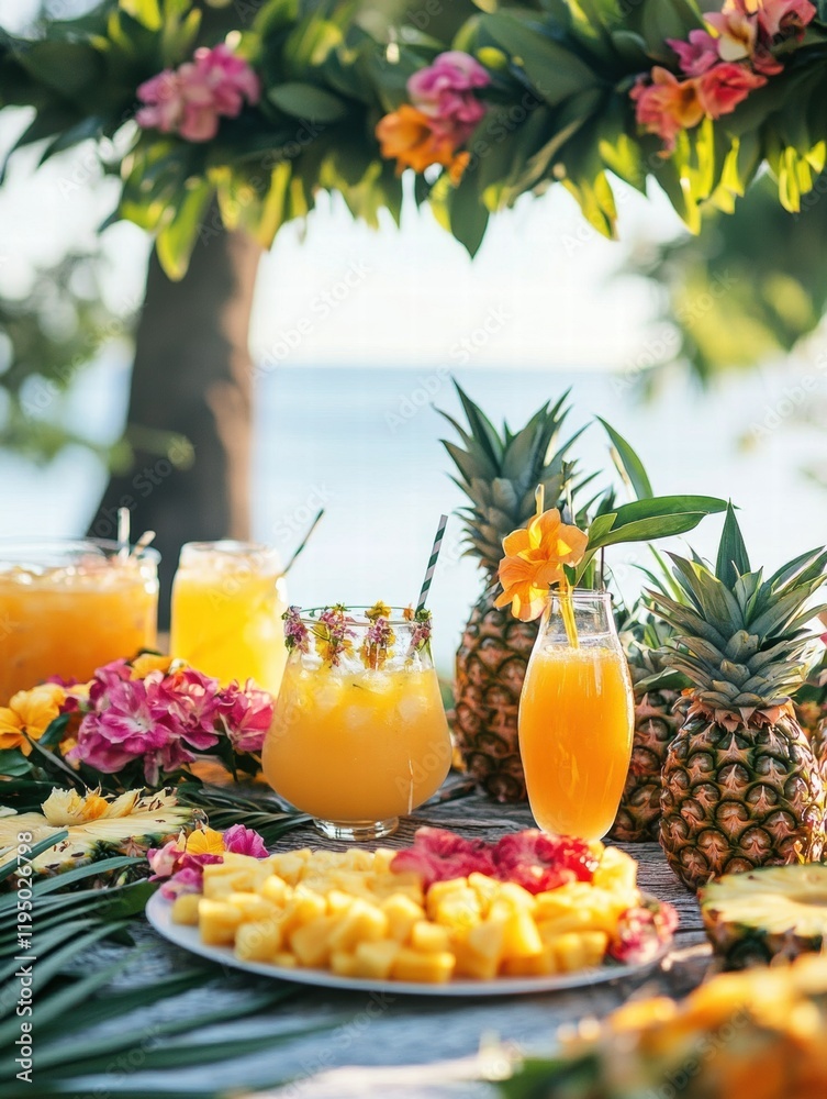 Poster delight in a vibrant summer picnic featuring fresh pineapples and colorful tropical drinks by the se