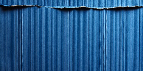 Blue corrugated cardboard texture with vertical ridges and uneven top edge positioned centrally, dark blue hue creating a versatile background option.