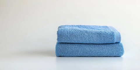 Blue folded bath towels stacked on a white background, positioned to the right with ample copy space on the left side for text placement.