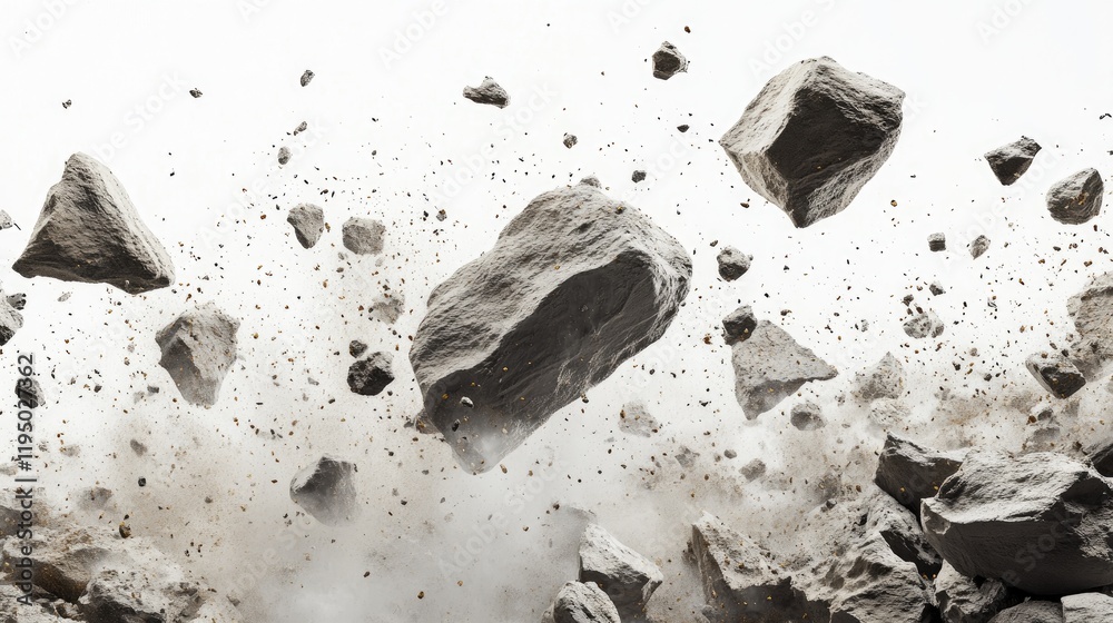 Poster ai-generated scene of rocks, dust, and debris cascading down against a white background, representin