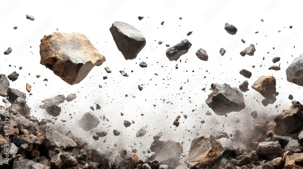 Poster ai-generated scene of rocks, dust, and debris cascading down against a white background, representin