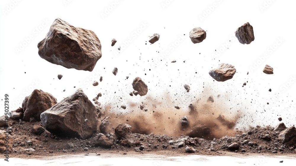 Poster ai-generated scene of rocks, dust, and debris cascading down against a white background, representin