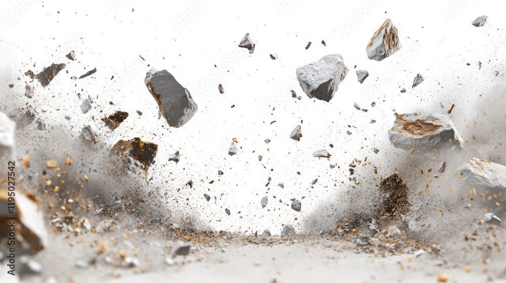 Poster ai-generated scene of rocks, dust, and debris cascading down against a white background, representin