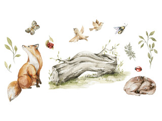 Obraz premium Watercolor nursery woodland composition with character. Hand painted cute baby animals in wild, forest summer landscape, tree, deer, fawn, fox. illustration for baby shower, kids print