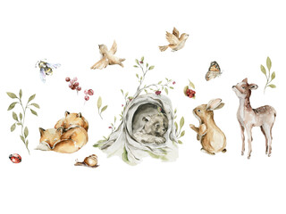 Watercolor nursery woodland composition with character. Hand painted cute baby animals in wild, forest summer landscape, tree, deer, fawn, bunny, bear. illustration for baby shower, kids print