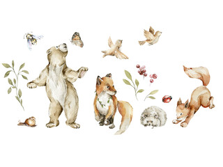 Watercolor nursery woodland composition with character. Hand painted cute baby animals in wild, forest summer landscape, tree, fox, hedgehog, bunny, bear. illustration for baby shower, kids print