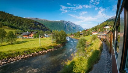 Naklejka premium view from inside the flam railway train in norway moving along the route between flam and myrdal with picturesque houses by the flamselvi river and a mountainous landscape