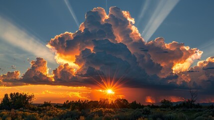 A dramatic scene with sunlight breaking through the clouds after a storm, casting vibrant rays onto the landscape below.
