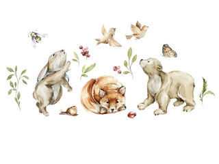 Fototapeta premium Watercolor nursery woodland composition with character. Hand painted cute baby animals in wild, forest summer landscape, tree, fox, birds, bunny, bear. illustration for baby shower, kids print