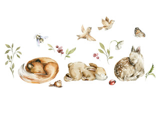 Watercolor nursery woodland composition with character. Hand painted cute baby animals in wild, forest summer landscape, tree, deer, fawn, bunny, fox. illustration for baby shower, kids print