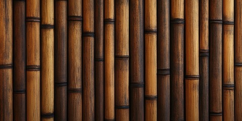 Fototapeta premium Bamboo texture wall with warm brown tones, linear pattern of vertical and horizontal bamboo sticks creating a natural rustic backdrop.