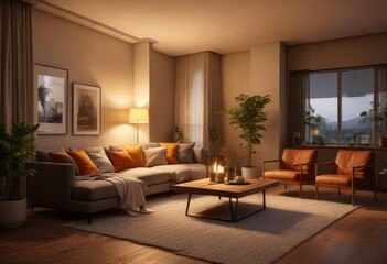 A cozy living room with warm lighting and comfortable seating, autumn colors, natural textures, comfortable seating
