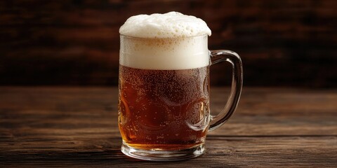 Golden beer glass with creamy white foam positioned to the right on a rustic dark wooden table background showcasing rich textures and tones.