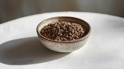 Bowl of ground spice, earthy brown powder in a small ceramic dish, perfect for culinary use or food presentation, neutral background.