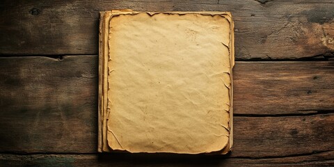 Vintage blank notebook paper with worn edges positioned centrally on textured wooden backdrop, warm brown tones enhancing rustic appeal.