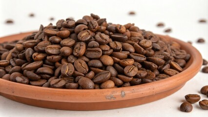 Fototapeta premium A large pile of roasted coffee beans on a terracotta plate, coffee, warm
