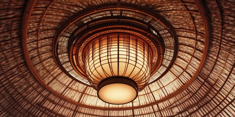 Asian style bamboo woven ceiling lantern with soft warm light center, intricate natural patterns in earthy tones, ideal for artistic backgrounds.