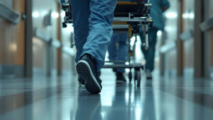 Doctors rushing with gurney in hospital corridor, symbolizing urgency and professionalism.