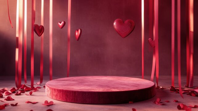 Valentine's Day Podium: A romantic and elegant podium with a velvet texture, surrounded by floating hearts and delicate ribbons against a blush-toned backdrop.