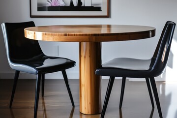 A compact dining table with a round wooden top, paired with sleek modern chairs in a small urban space