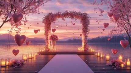 Romantic Lakeside Wedding Ceremony:  A breathtaking wedding ceremony setup on a tranquil lake at sunset, featuring a stunning floral archway, floating heart-shaped balloons, and soft candlelight.