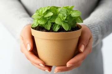 Woman Gently Holding a Young Green Plant in a Biodegradable Pot with Nature-Focused Aesthetic, Perfect for Environmental or Gardening Themes