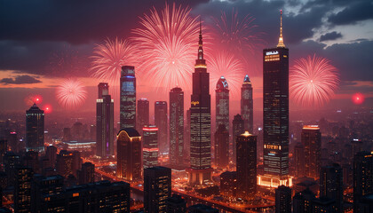 Obraz premium Fireworks over city skyline during Chinese New Year celebration at dusk