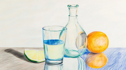 Still Life: Orange, Lemon, and Glass Vase Arrangement