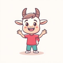 Happy goat boy cartoon character, cheerful pose, white background, kids illustration