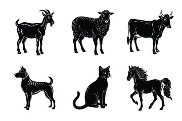 Animal silhouettes set. Domestic animals cat, dog, cow, horse, sheep, goat vector illustration