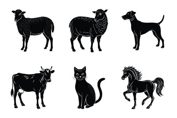Animal silhouettes set. Domestic animals cat, dog, cow, horse, sheep, goat vector illustration