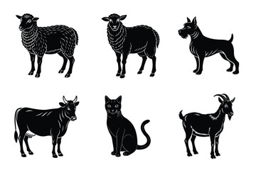 Animal silhouettes set. Domestic animals cat, dog, cow, horse, sheep, goat vector illustration
