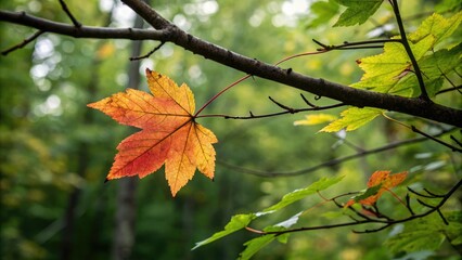 Fototapeta premium A lone leaf clings to a branch in autumnal hues, set against a lush green backdrop of foliage, outdoor scene, branch, greenery, autumn leaves