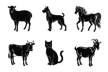 Animal silhouettes set. Domestic animals cat, dog, cow, horse, sheep, goat vector illustration