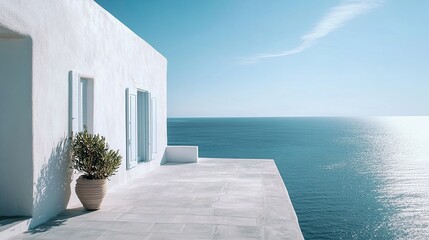 Fototapeta premium Sunlit white-washed house overlooking the sea on a serene Greek island, minimalist design for text