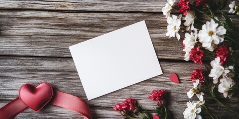Blank card on rustic wooden surface with red and white flowers, heart shape, and ribbon arranged beautifully for personalized message.