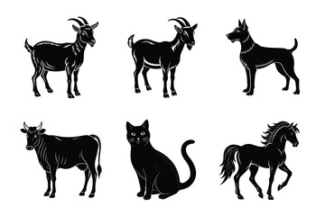 Animal silhouettes set. Domestic animals cat, dog, cow, horse, sheep, goat vector illustration