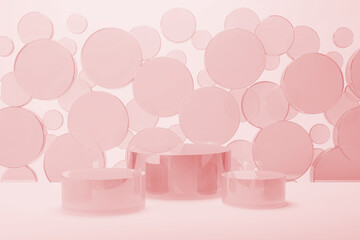Pink abstract stage mockup, three plastic smooth round podiums, flying circles decor. Template 3D illustration scene in modern, fashion style for presentation cosmetic products, goods, advertising.