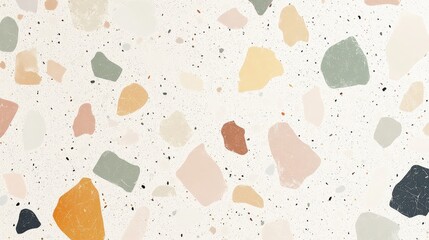 Lightly speckled terrazzo floor texture in soft white showcases a unique blend of pastel colors and stone fragments, perfect for modern interior designs and elegant spaces
