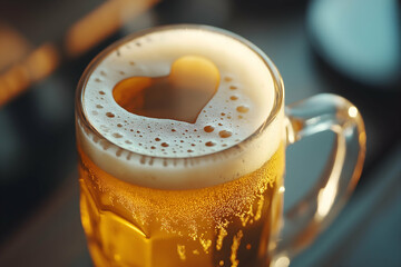 A frothy beer mug with a heart-shaped foam design, symbolizing love for craft beer and moments of joy.