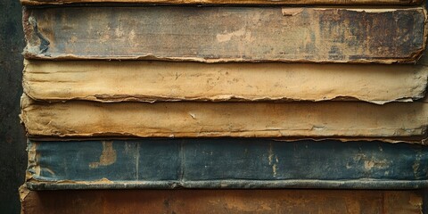 Weathered vintage book spines in earthy tones of brown and blue stacked unevenly create a retro background ideal for textured designs and text placement.