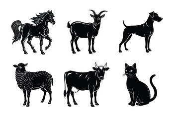 Animal silhouettes set. Domestic animals cat, dog, cow, horse, sheep, goat vector illustration