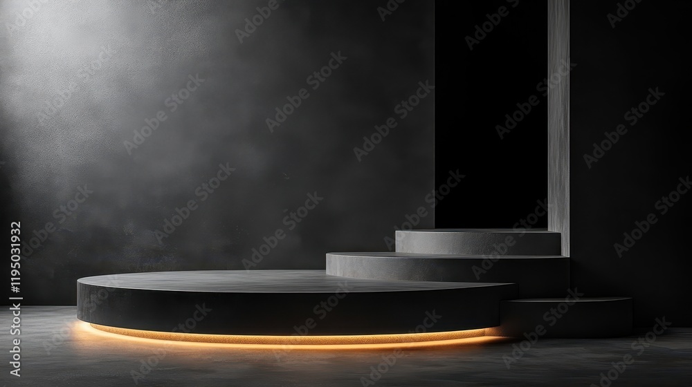 Poster soft directional light highlights a matte black surface with circular and rectangular forms, creatin