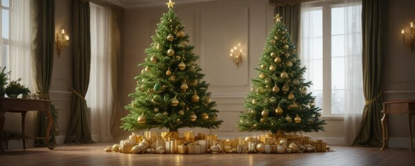 A lush green Christmas tree with multiple layers of gold and shimmering ornaments , lush, green