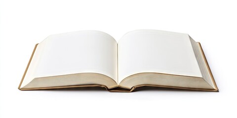 Open blank book with gold-edged pages on a white background, positioned centrally, showcasing the spacious double-page spread for text or images.