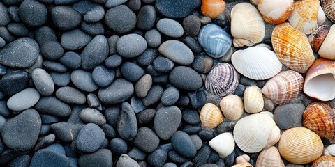 Beach background featuring contrasting light and dark pebbles on the left with multicolored shells on the right providing ample copy space