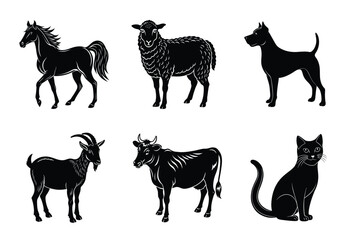 Animal silhouettes set. Domestic animals cat, dog, cow, horse, sheep, goat vector illustration
