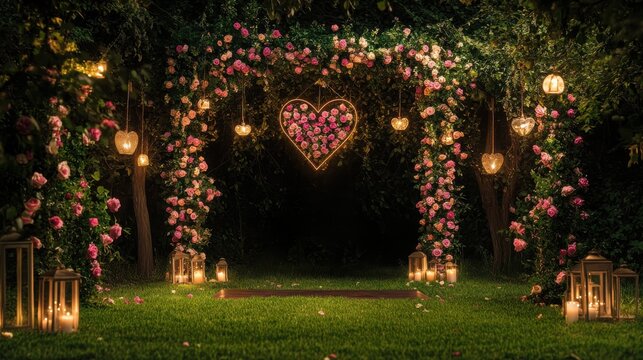 Enchanted Garden Wedding Arch: A romantic and magical wedding arch draped in vibrant pink roses, illuminated by flickering lanterns, creates an unforgettable backdrop for a wedding ceremony.