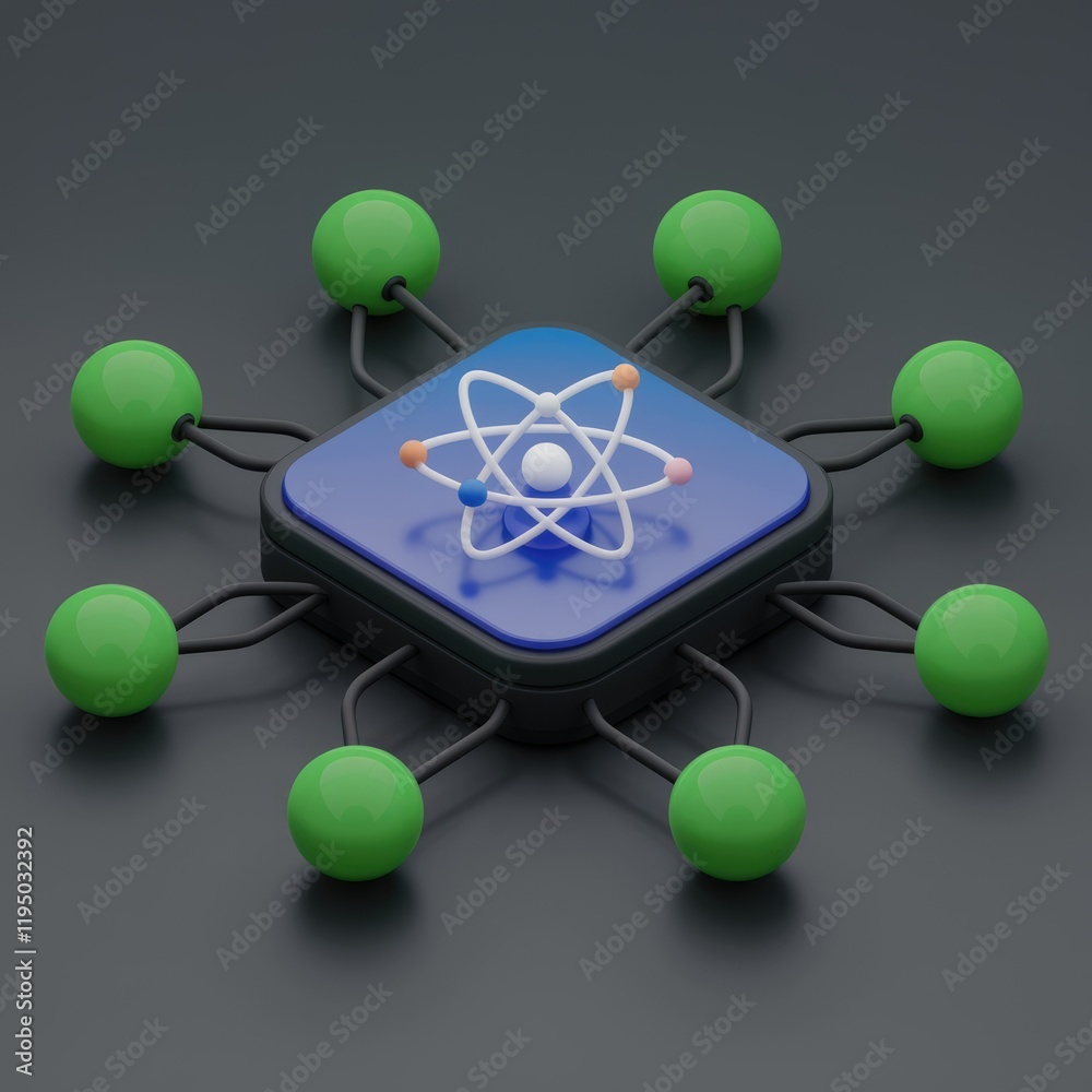Poster Atomic structure connected to eight nodes, symbolizing network or data connections.